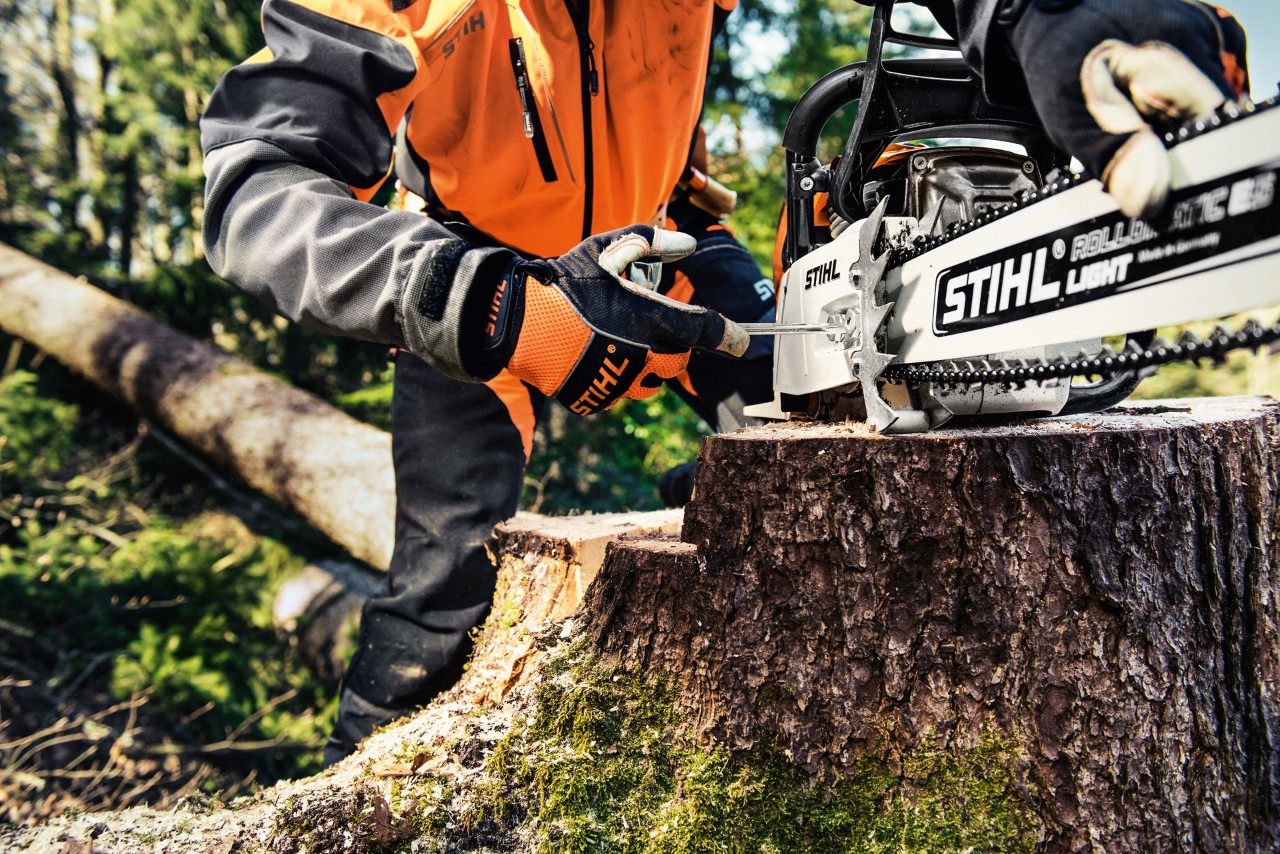 Una motosierra de gasolina STIHL MS 461 mientras una persona con protección desenrosca la cubierta del piñón de cadena.