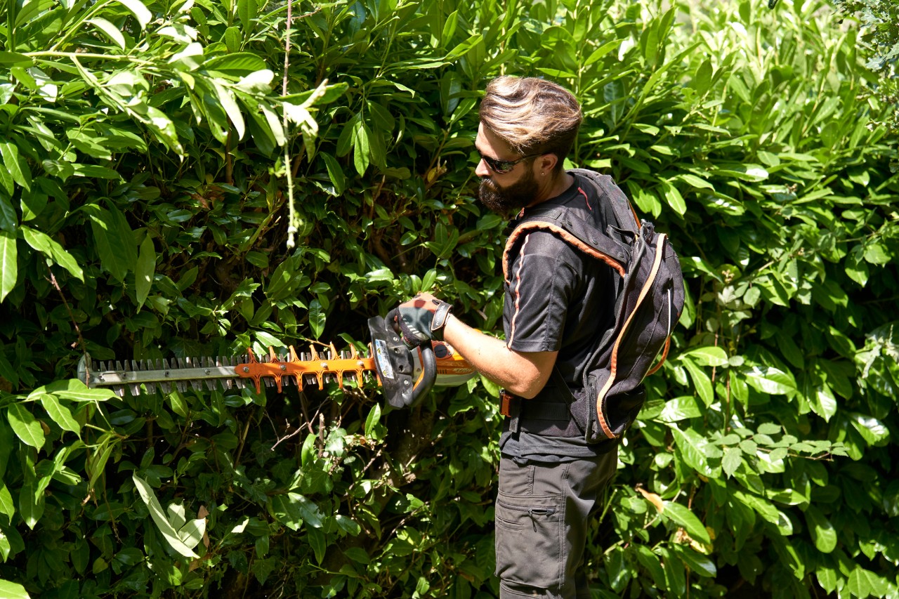 Un profesional con equipo de protección corta un seto con un cortasetos de batería STIHL
