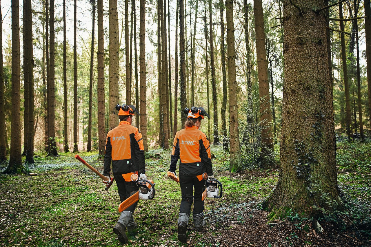 Dos personas en el bosque con equipo de protección con motosierras y hacha.