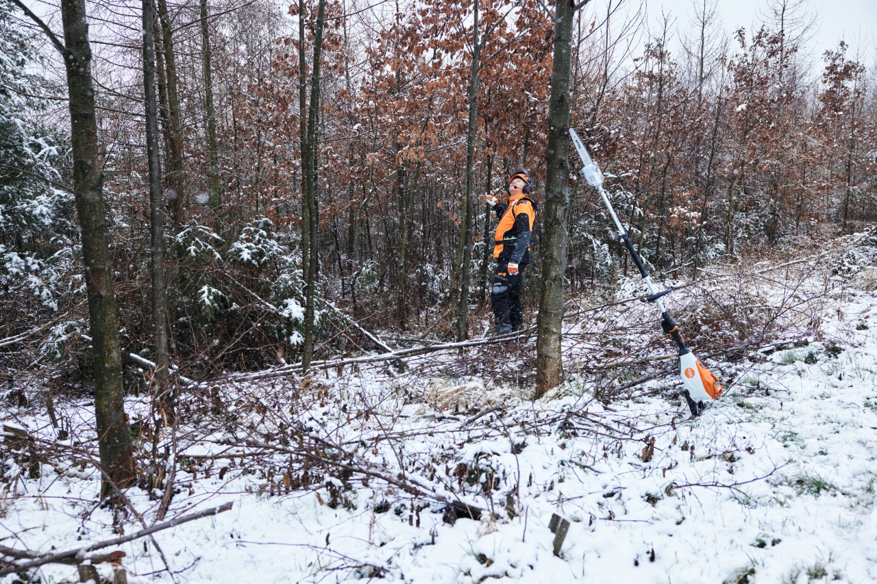 Un hombre trabaja con equipo de protección laboral en un bosque nevado; en primer plano hay una podadora de altura de batería STIHL HTA 150 apoyada sobre un tronco