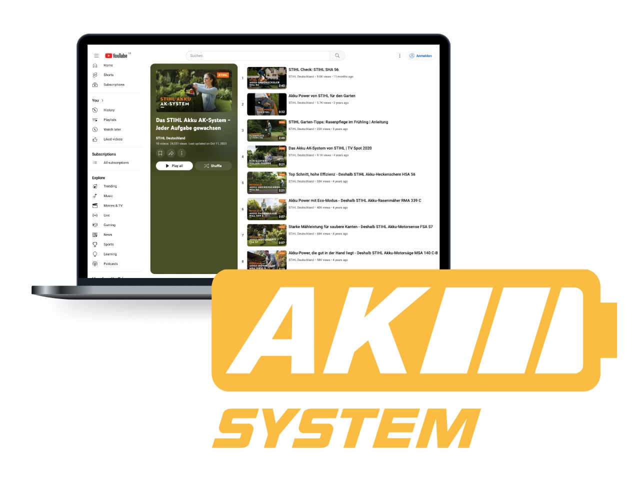 Logotipo del sistema AK de STIHL en forma de icono de batería amarillo, con un ordenador portátil en segundo plano
